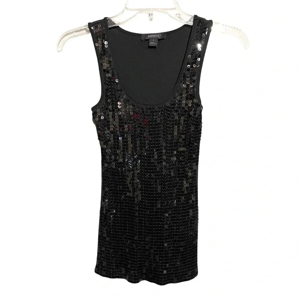 Express Black sequin Tank Top Sexy Women’s Size Small S Stretch - Picture 1 of 8